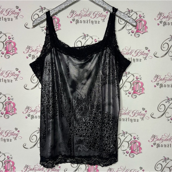 Tops - Lace metallic tank top holographic Lacey pattern grey black lace trim straps y2k